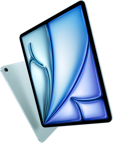 Vista frontal en ángulo de un iPad Air de 13 pulgadas que muestra una pantalla colorida, iPad Air de 11 pulgadas con vista posterior y cámara trasera gran angular de 12 MP