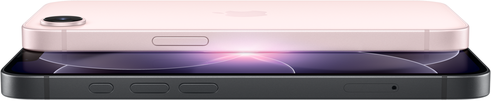 iPhone 17e, partes lateral y posterior en horizontal, color rosa pálido, iPhone 17e, partes lateral y frontal en horizontal, color negro