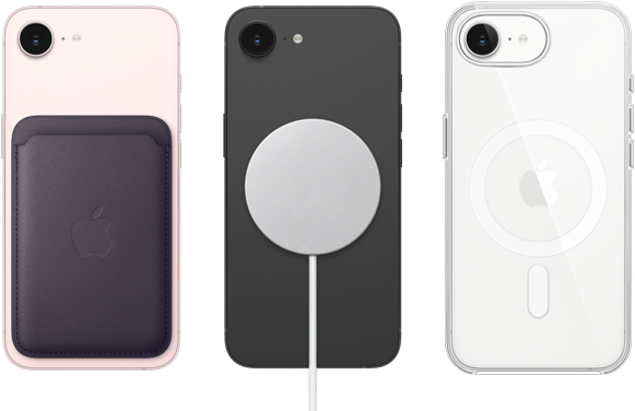 iPhone 17e, parte posterior, color rosa pálido, cartera de FineWoven con MagSafe acoplado, iPhone 17e, parte posterior, color negro, cargador MagSafe acoplado, iPhone 17e, parte posterior, color blanco, funda transparente con MagSafe acoplado