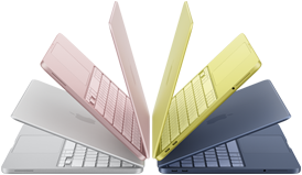 Laptops MacBook Neo en los colores plata, rosa rubor, amarillo cítrico e índigo, levemente abiertas y dispuestas en forma de arco
