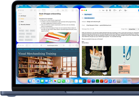 MacBook Neo, color índigo, la pantalla muestra un email de bienvenida para alguien que empezó a trabajar recién en una librería, unas ventanas en mosaico contienen un archivo de Notas sobre la incorporación y el sitio web del portal para empleados de la librería en Safari