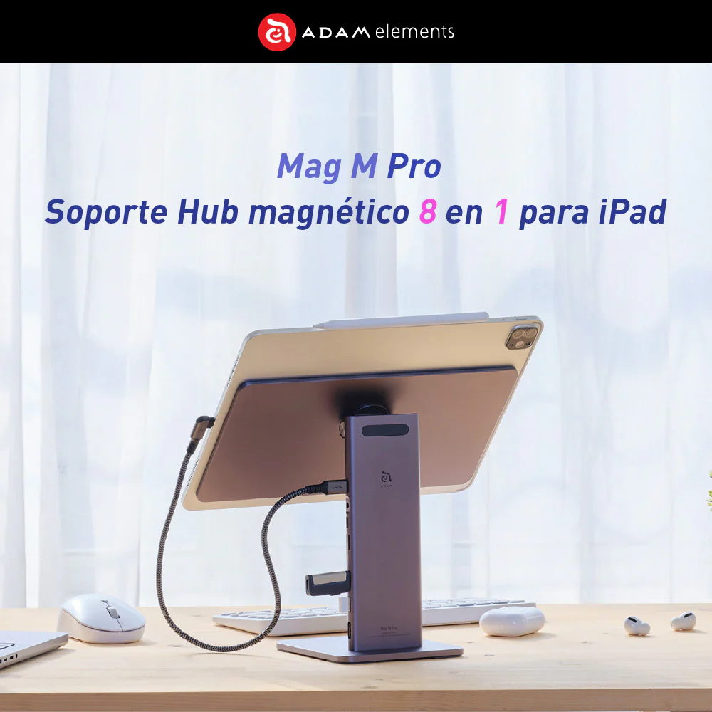 Soporte magnético (adaptador integrado) 8-en-1 Mag M Pro de USB-C a HDMI/USB-A/USB-C/Lector de tarjeta SD/microSD para iPad Pro 12.9" de Adam Elements - Gris espacial