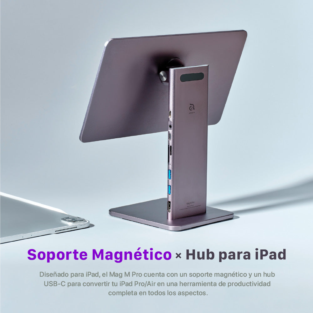 Soporte magnético (adaptador integrado) 8-en-1 Mag M Pro de USB-C a HDMI/USB-A/USB-C/Lector de tarjeta SD/microSD para iPad Pro 12.9" de Adam Elements - Gris espacial