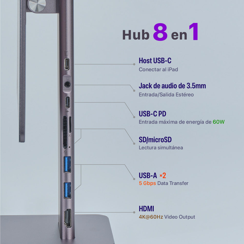 Soporte magnético (adaptador integrado) 8-en-1 Mag M Pro de USB-C a HDMI/USB-A/USB-C/Lector de tarjeta SD/microSD para iPad Pro 12.9" de Adam Elements - Gris espacial