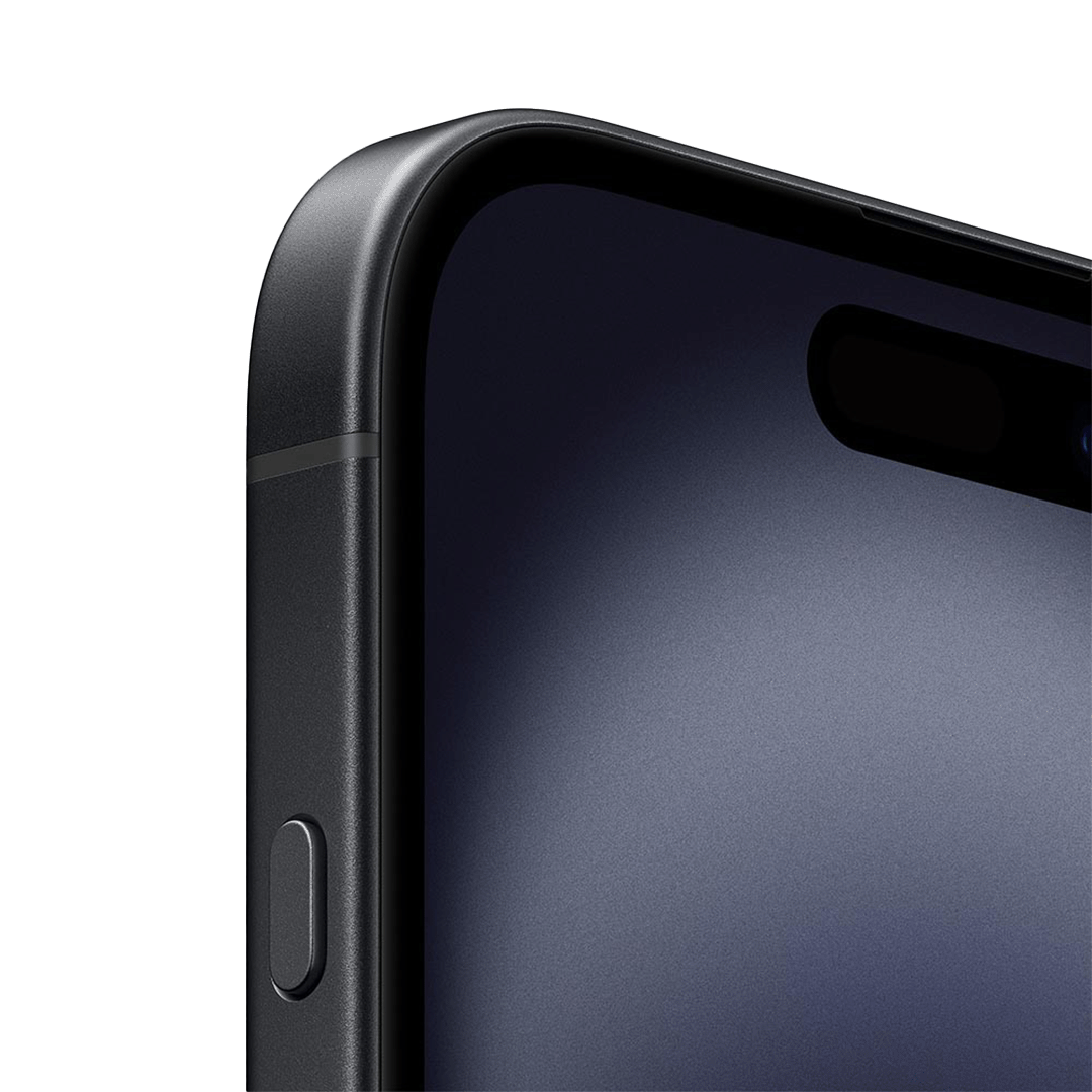 Primer plano del borde del iPhone 16 en color negro, mostrando el botón lateral y parte de la pantalla con la Dynamic Island encendida.