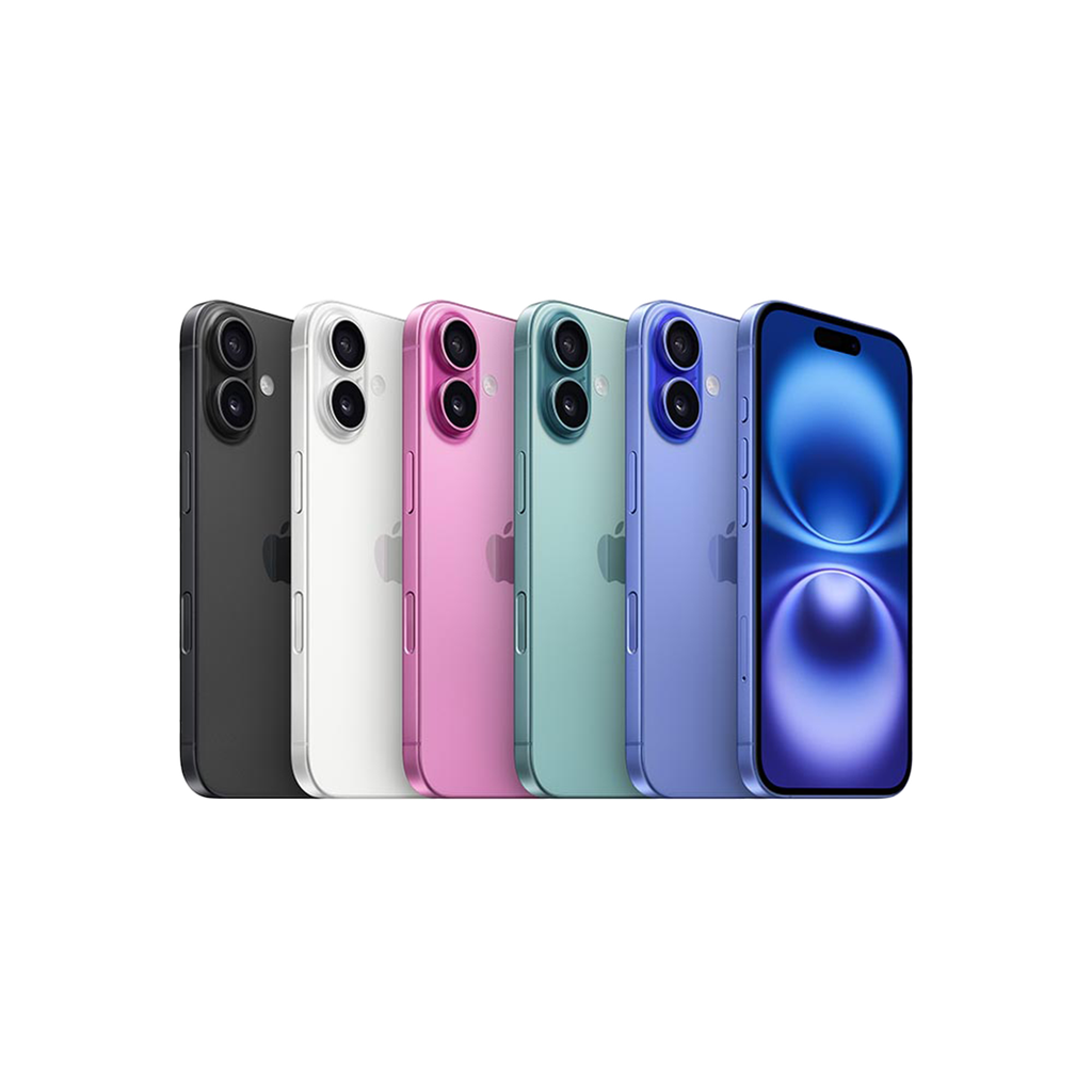Vista trasera del iPhone 16 alineado en cinco colores: negro, blanco, rosa, verde azulado y ultramarino, con uno de los equipos mostrando la pantalla encendida.