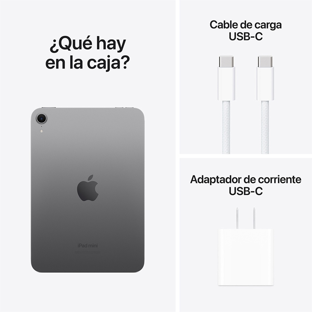 Composición de tres paneles que muestran el contenido de la caja del iPad mini.  Panel superior izquierdo: La parte trasera de un iPad mini de color gris espacial, con el logotipo de Apple en el centro y la palabra 'iPad mini' debajo. Arriba se lee '¿Qué hay en la caja?'.  Panel superior derecho: Un cable de carga USB-C blanco con un conector USB-C en cada extremo, mostrando la textura trenzada del cable y las puntas metálicas de los conectores. Arriba se lee 'Cable de carga USB-C'.  Panel inferior derecho: Un adaptador de corriente USB-C blanco, rectangular y compacto, con dos clavijas. Arriba se lee 'Adaptador de corriente USB-C'.
