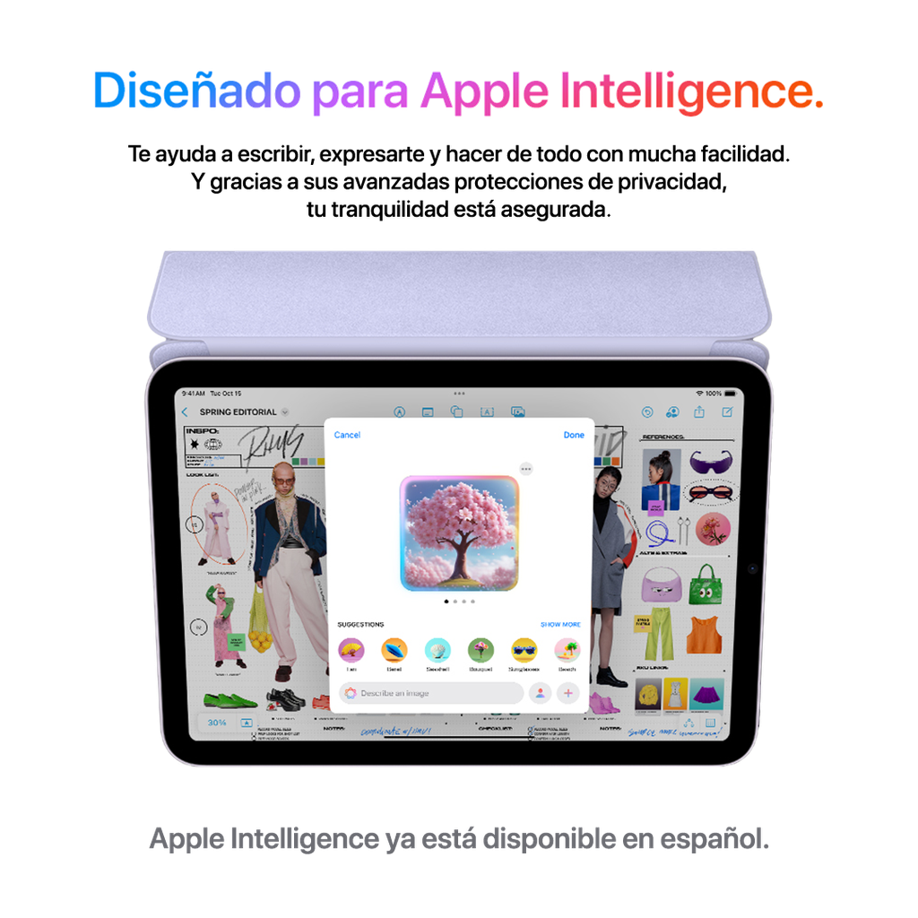 Un iPad mini abierto, con la pantalla mostrando una interfaz de diseño o edición con una ventana emergente para 'Describe an Image' con una imagen de un cerezo en flor. El iPad está apoyado en un Smart Folio de color lila claro. Arriba se lee 'Diseñado para Apple Intelligence.' y un párrafo explicativo: 'Te ayuda a escribir, expresarte y hacer de todo con mucha facilidad. Y gracias a sus avanzadas protecciones de privacidad, tu tranquilidad está asegurada'. Abajo se lee 'Apple Intelligence ya está disponible en español'.'