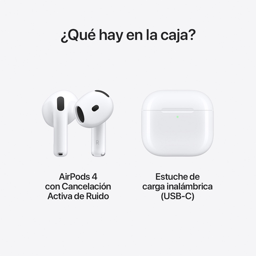 Disposición de producto de los AirPods 4. A la izquierda, se muestran los dos auriculares inalámbricos blancos AirPods 4, con sus tallos dirigidos hacia abajo y las almohadillas negras visibles. A la derecha, se encuentra el estuche de carga inalámbrica blanco, cerrado y con una luz indicadora verde encendida en el frente. En la parte superior de la imagen se lee '¿Qué hay en la caja?', y debajo de cada producto se especifica 'AirPods 4' y 'Estuche de carga inalámbrica (USB-C)'