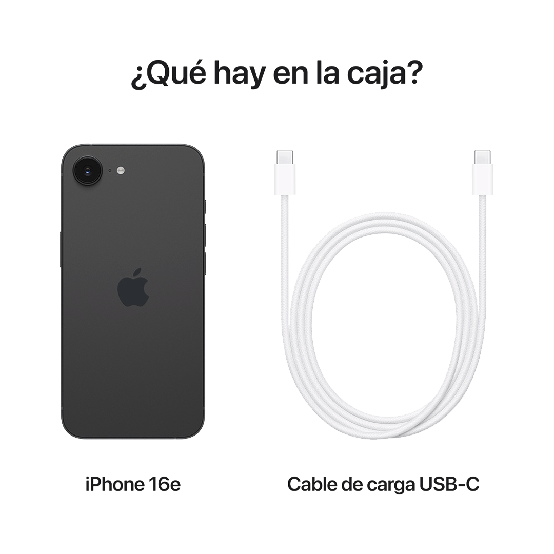 Vista trasera del iPhone 16e en color negro, junto a un cable de carga USB-C blanco. Encabezado con la frase "¿Qué hay en la caja?"