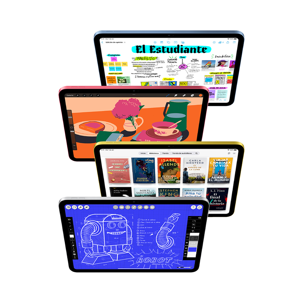 Cuatro iPads de diferentes colores (azul, rosa, amarillo y plata) mostrando distintas actividades: creación de contenido visual, dibujo digital, lectura y diseño técnico.