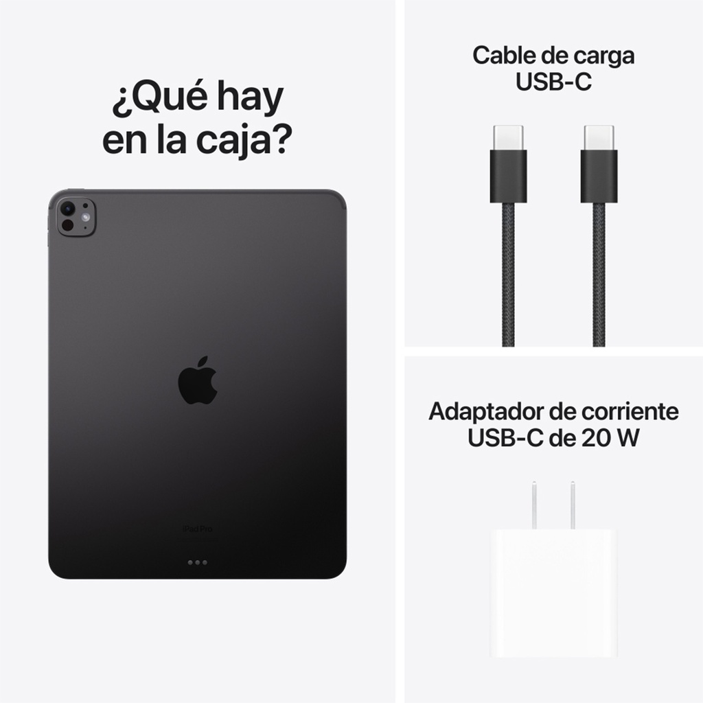 Composición de tres paneles que muestran el contenido de la caja del iPad Pro de 13 pulgadas.  Panel superior izquierdo: La parte trasera de un iPad Pro de 13 pulgadas de color negro espacial, con el logotipo de Apple en el centro y la palabra 'iPad Pro' debajo. Arriba se lee '¿Qué hay en la caja?'.  Panel superior derecho: Un cable de carga USB-C blanco con un conector USB-C en cada extremo, mostrando la textura trenzada del cable y las puntas metálicas de los conectores. Arriba se lee 'Cable de carga USB-C'.  Panel inferior derecho: Un adaptador de corriente USB-C blanco, rectangular y compacto, con dos clavijas. Abajo se lee 'Adaptador de corriente USB-C de 20 W'.