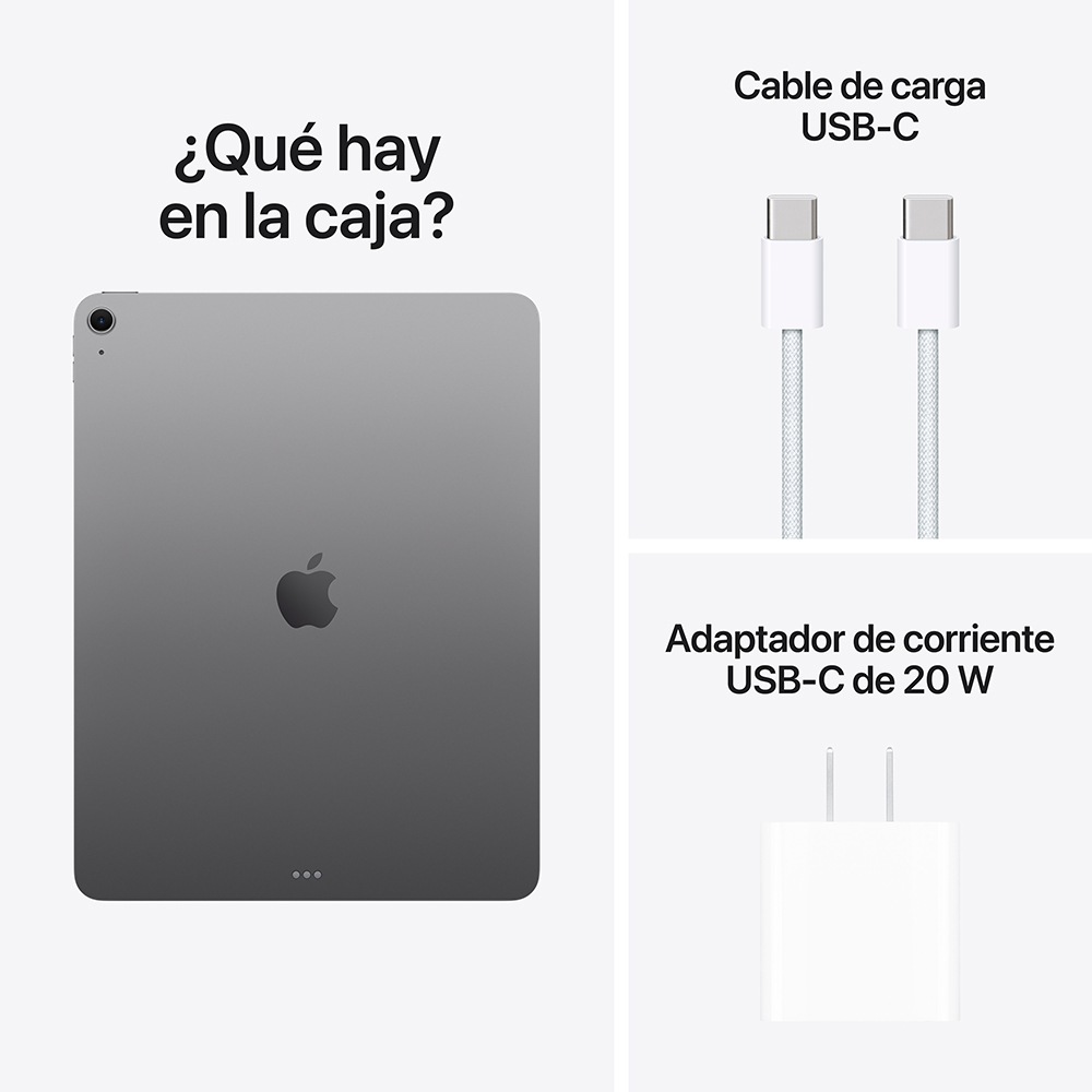 Imagen dividida en tres secciones. A la izquierda, vista trasera del iPad Air en color gris espacial. A la derecha, se muestra el contenido de la caja: cable de carga USB-C y adaptador de corriente USB-C de 20 W.