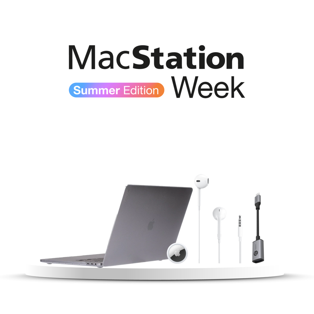 Starter Pack para MacBook Pro 16": EarPods con conector de 3.5 mm + AirTag (x1) + Funda rígida punteada transparente de Incase  + Adaptador Adam Elements CASA F13 USB-C a USB-A