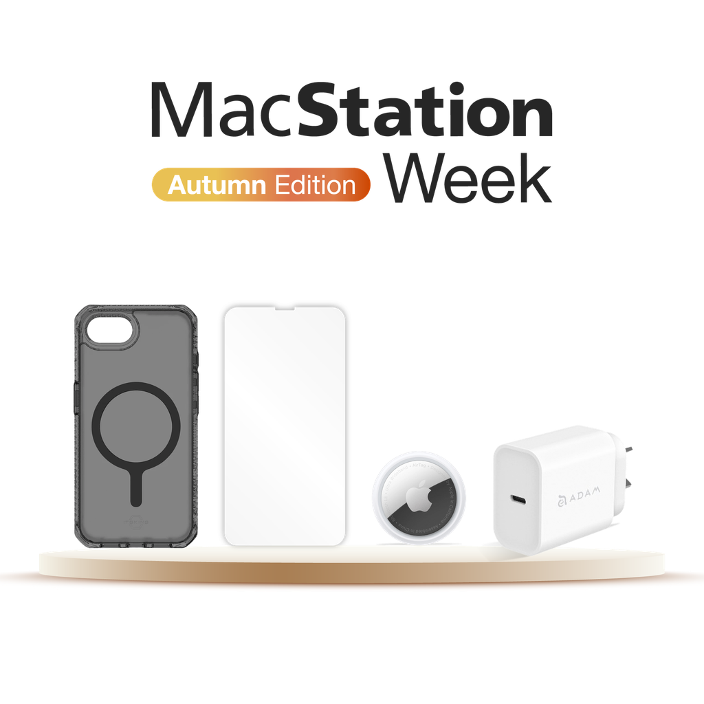 Starter Pack para iPhone 16e: Funda (APS4-HBVAR-SMOK) + Vidrio Protector (APS4-SUGLS-TRSP) + AirTag | x1 (MX532BE/A) + Cargador USB-C OMNIA X20 de 20 W de Adam Elements (APAADX20ARWH)