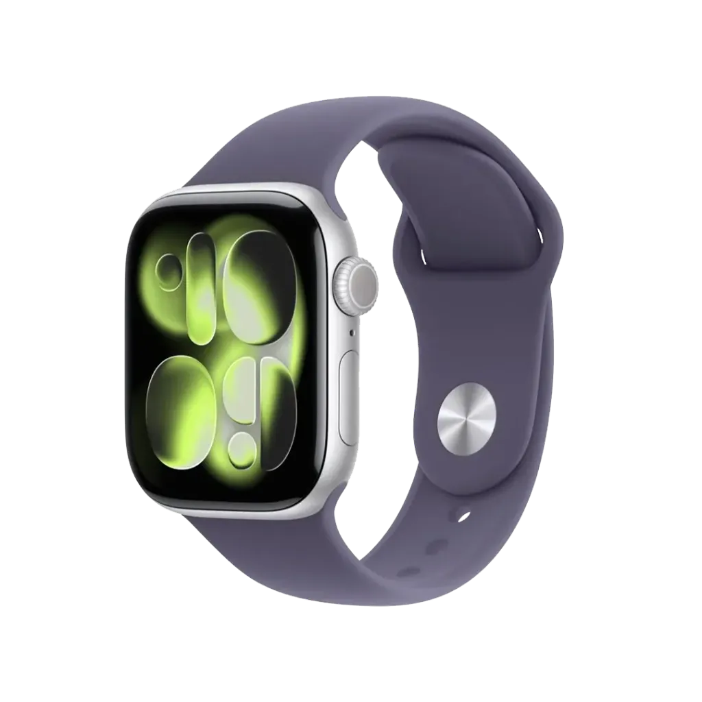 Apple Watch Series 11 (GPS) 42 mm - Caja de aluminio plata - Banda deportiva niebla púrpurs - M/L