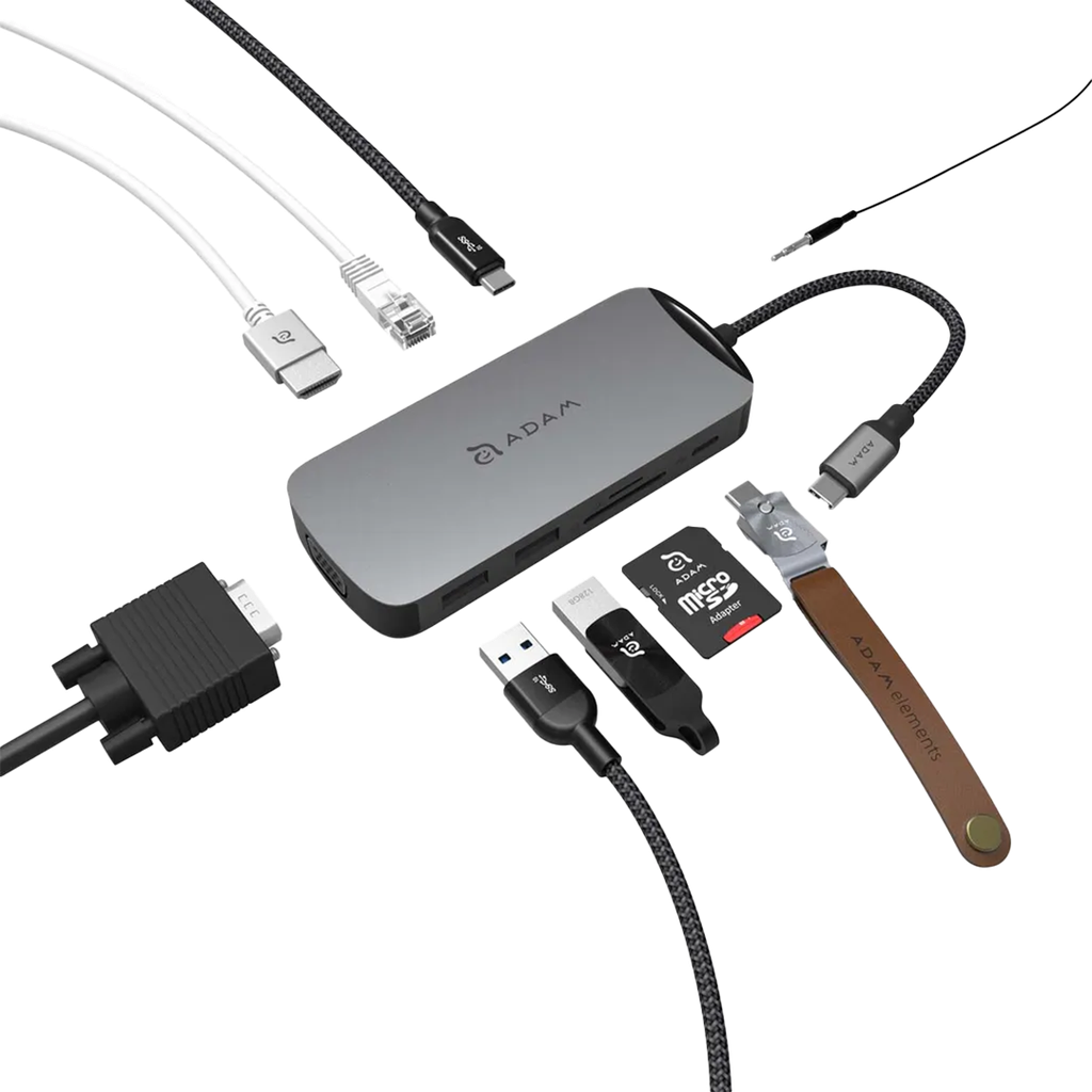 Adaptador 10 en 1 CASA Hub X de USB-C a HDMI/VGA/Ethernet/USB-A/USB-C/Lector de tarjeta SD/microSD de Adam Elements - Gris espacial