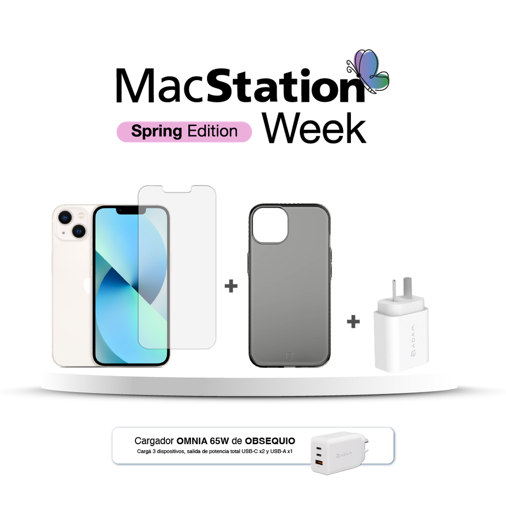 iPhone 13 128GB (MLPG3LZ/A) con Funda, Vidrio y Cargador 20W + Cargador Adam Elements X65