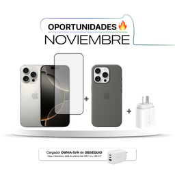 [BUNDLEIPH16PN] [MYNG3BE/A] iPhone 16 Pro 128GB con Funda, Vidrio y Cargador 20W + Cargador Adam Elements X65
